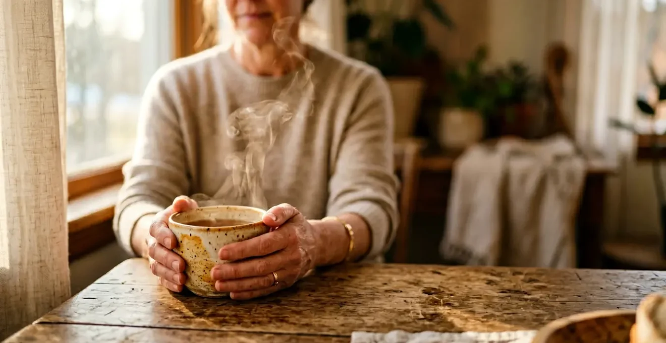 A serene afternoon tea moment captured in warm natural light with steam rising from a ceramic cup