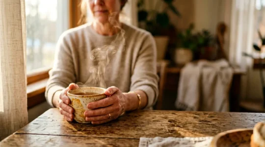 A serene afternoon tea moment captured in warm natural light with steam rising from a ceramic cup