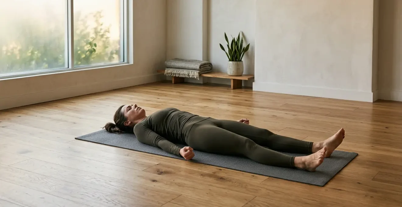 Person experiencing anxiety during relaxation practice in calm yoga environment