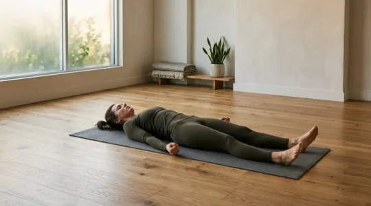 Person experiencing anxiety during relaxation practice in calm yoga environment