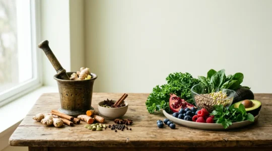 Conceptual image illustrating the contrast between traditional Ayurvedic wisdom and modern nutritional approaches to cold foods