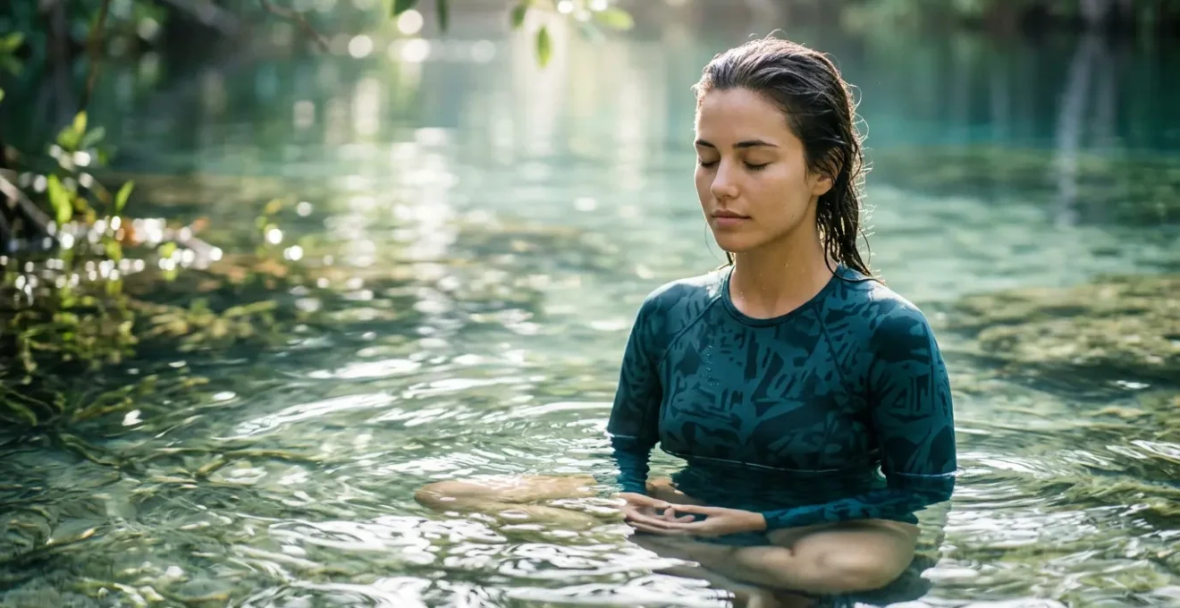 Person in meditative state demonstrating breath retention practice underwater