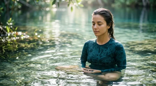 Person in meditative state demonstrating breath retention practice underwater
