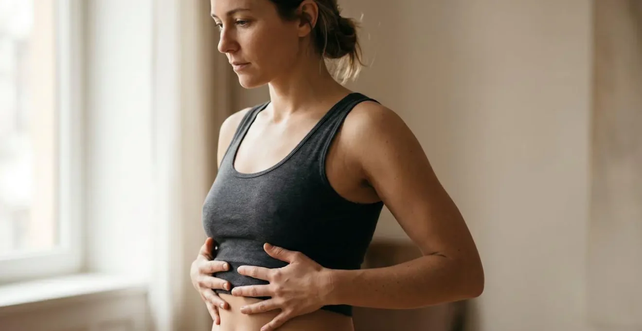 Close-up of human torso showing natural breathing movement with focus on ribcage and diaphragm area during breath