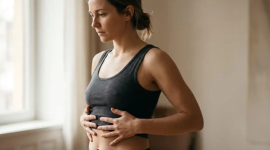 Close-up of human torso showing natural breathing movement with focus on ribcage and diaphragm area during breath