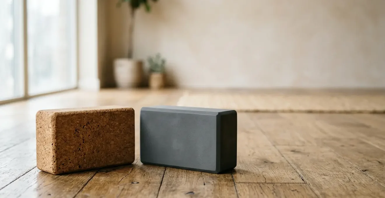 Cork and foam yoga blocks side by side on wooden studio floor with natural window light and soft shadows