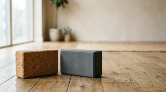 Cork and foam yoga blocks side by side on wooden studio floor with natural window light and soft shadows