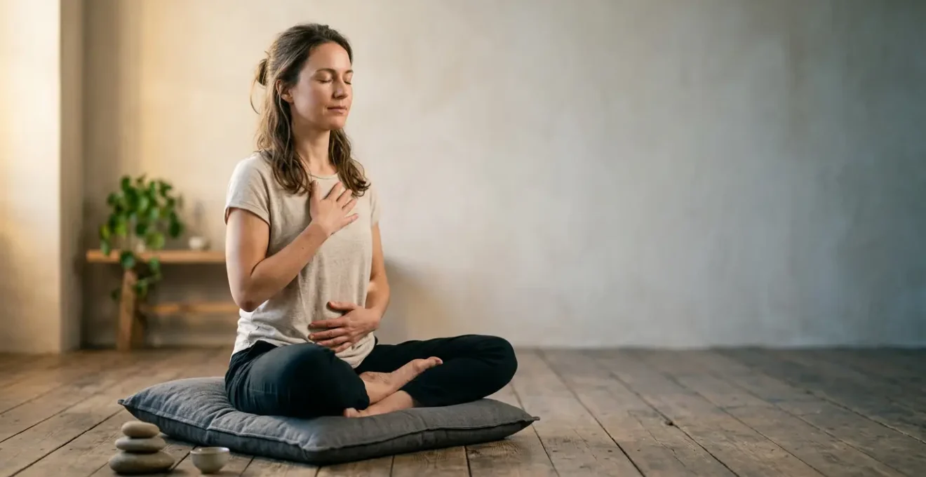Person experiencing physical sensations during deep breathing practice in minimalist wellness setting