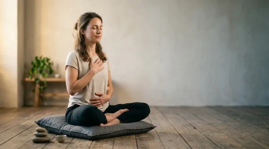 Person experiencing physical sensations during deep breathing practice in minimalist wellness setting