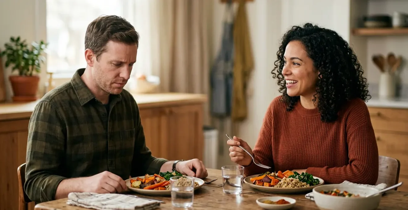 Two individuals at a dining table illustrating contrasting digestive experiences with wholesome meals