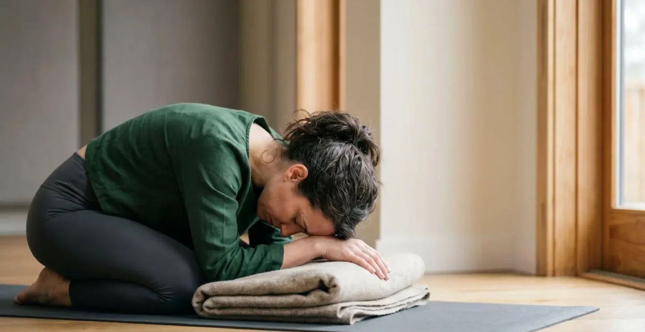 Person practicing yoga with an introspective, questioning expression, experiencing mind-body disconnect