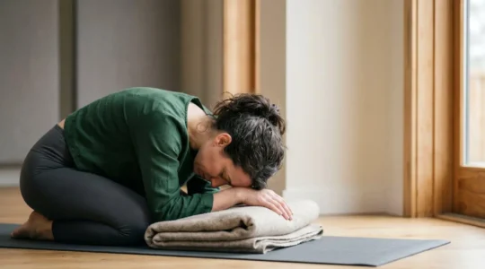 Person practicing yoga with an introspective, questioning expression, experiencing mind-body disconnect