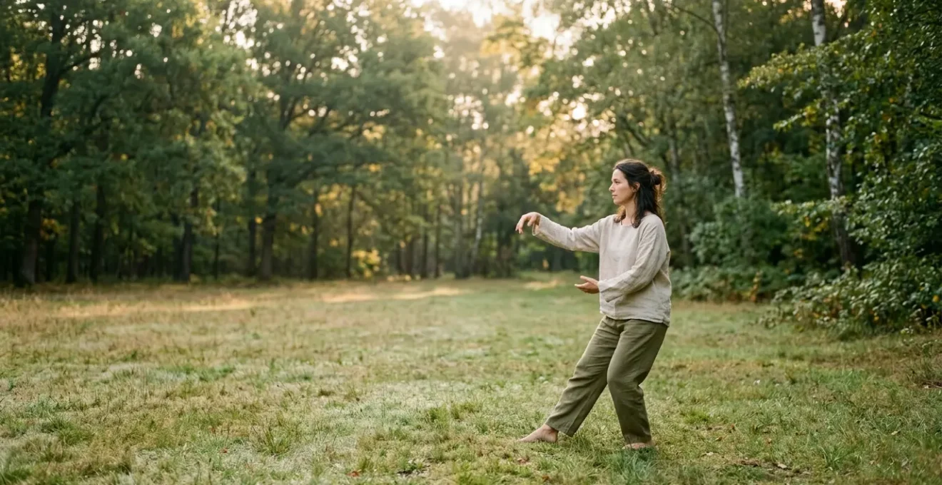 Person practicing mindful gentle movement in natural environment