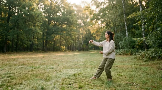 Person practicing mindful gentle movement in natural environment