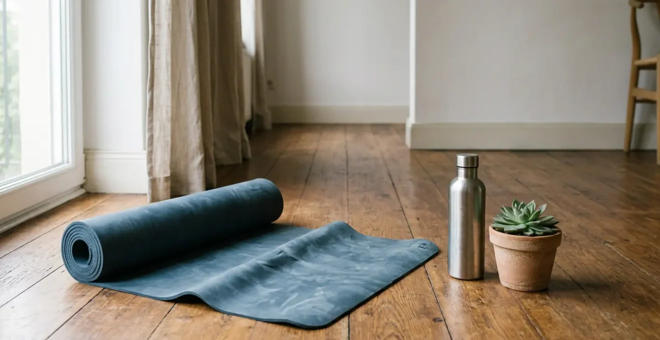A solitary yoga mat partially rolled up in a quiet home corner, bathed in soft natural window light, symbolizing the recurring cycle of wellness intentions and abandoned practice