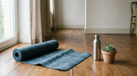 A solitary yoga mat partially rolled up in a quiet home corner, bathed in soft natural window light, symbolizing the recurring cycle of wellness intentions and abandoned practice