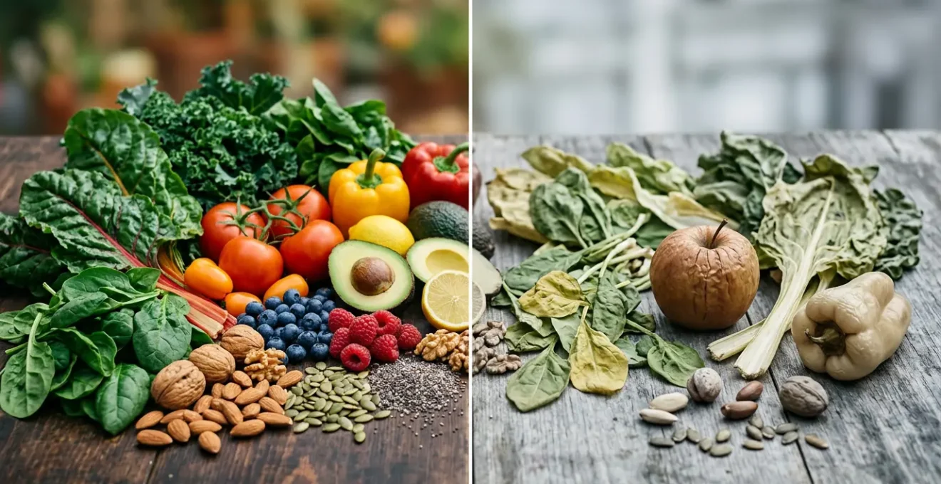 Conceptual image exploring the divergence between thriving and depleted states in long-term plant-based nutrition