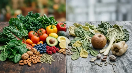 Conceptual image exploring the divergence between thriving and depleted states in long-term plant-based nutrition