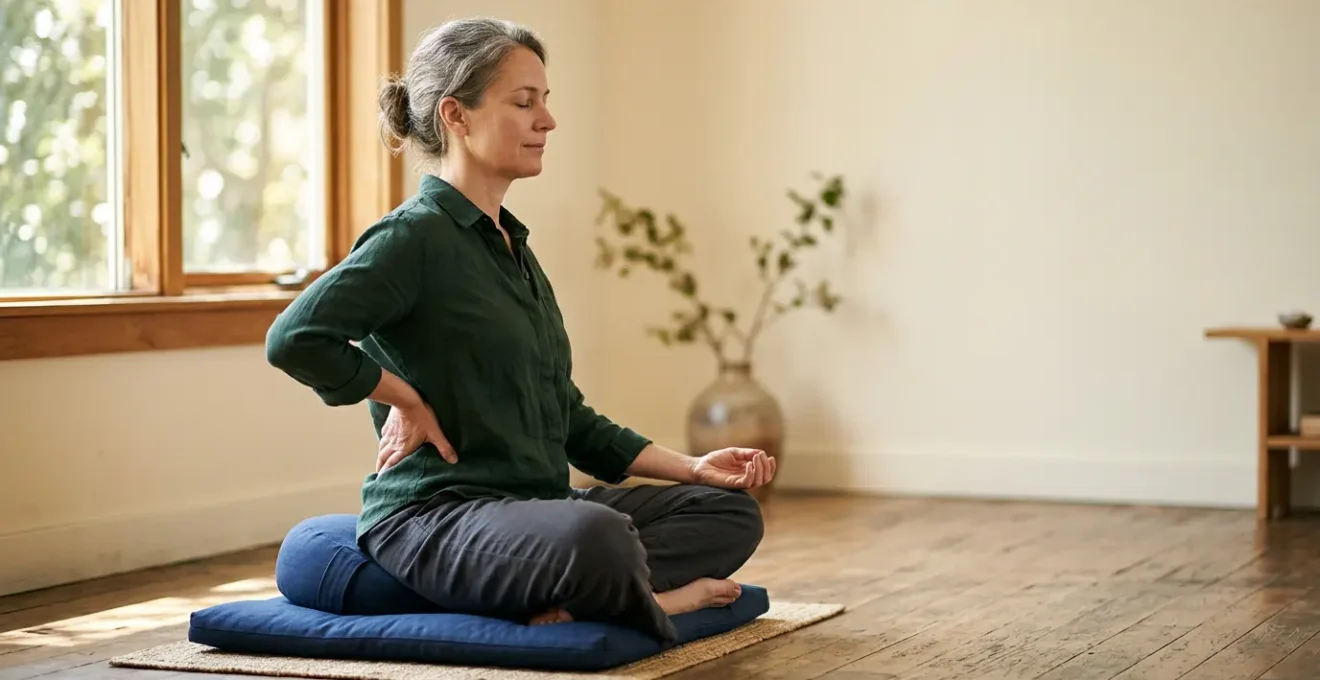 Person experiencing discomfort during seated meditation on cushion showing proper spinal alignment challenge