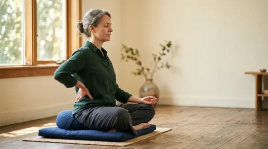 Person experiencing discomfort during seated meditation on cushion showing proper spinal alignment challenge