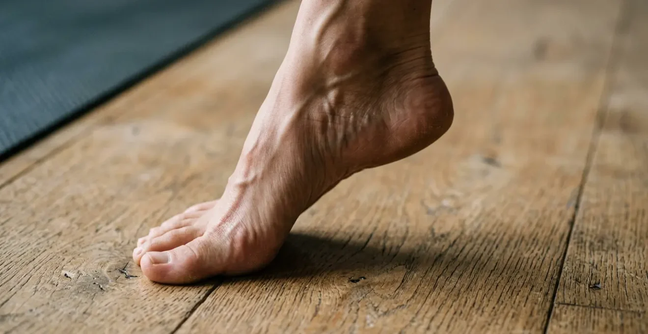 Close-up detail of foot placement showing subtle positioning changes in yoga practice
