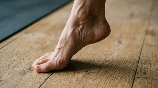 Close-up detail of foot placement showing subtle positioning changes in yoga practice