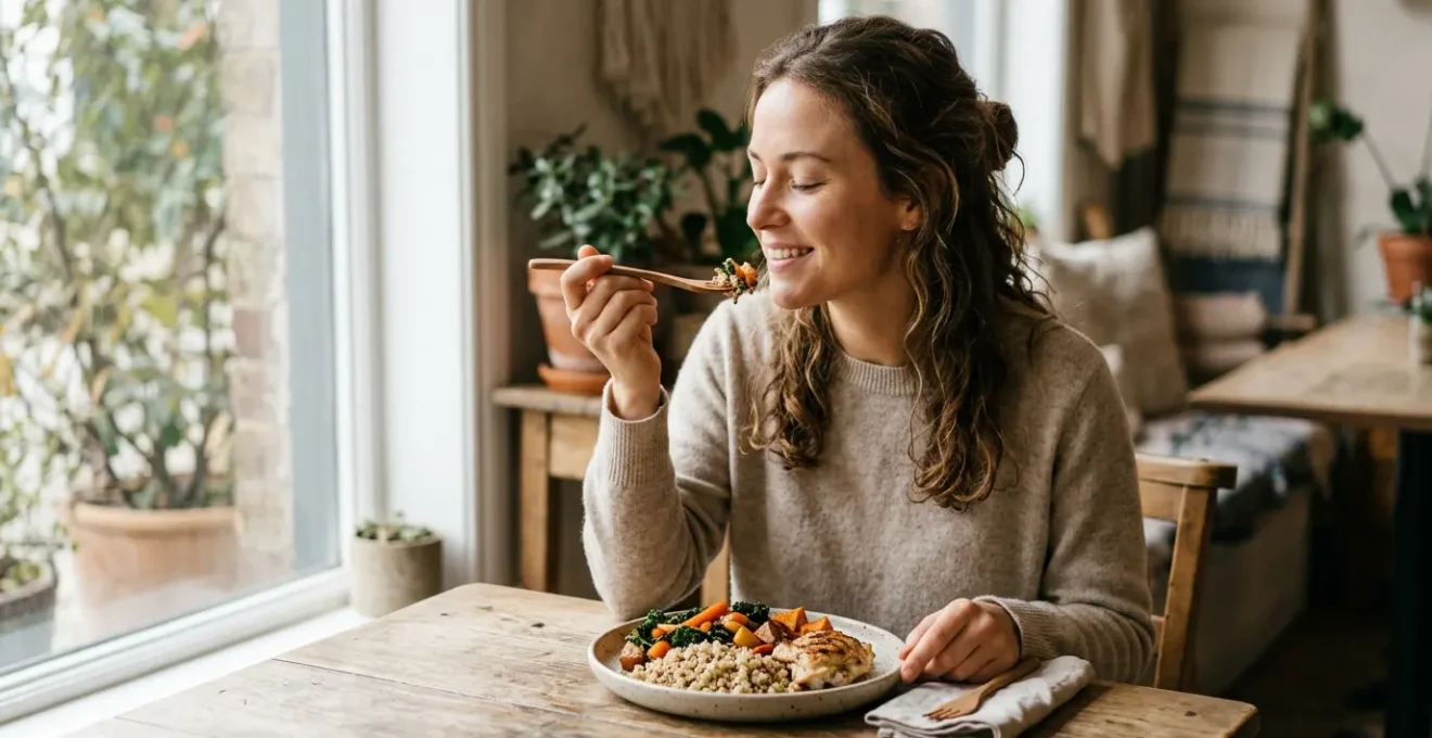 Person eating a nutritious meal slowly with focused attention in a calm natural setting