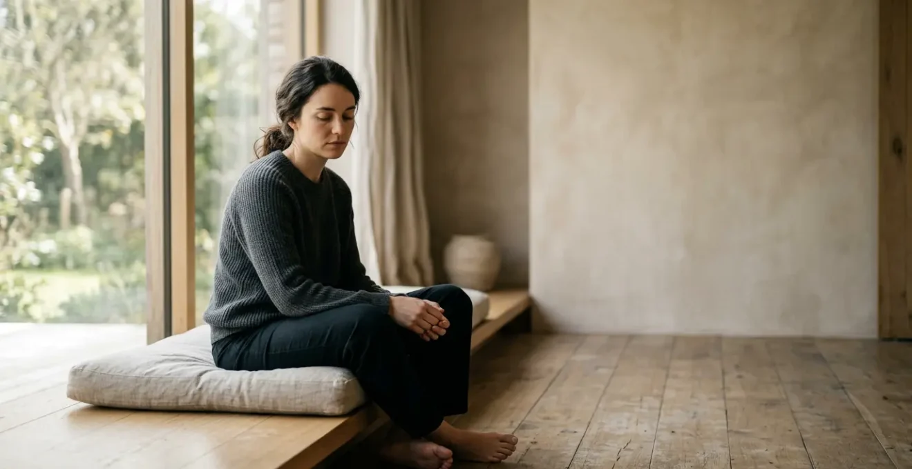 Centered composition showing a person in contemplative stillness amidst soft natural light with intentional negative space