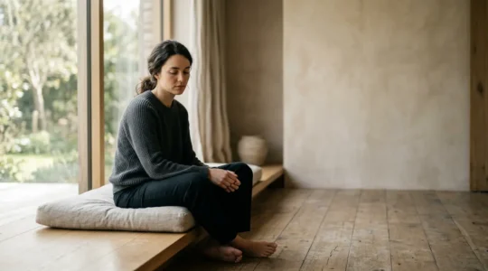 Centered composition showing a person in contemplative stillness amidst soft natural light with intentional negative space