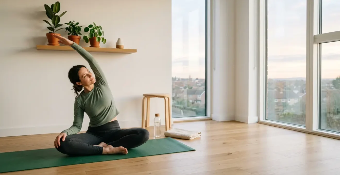 A professional practicing mindful morning wellness routine in a calm, minimalist space
