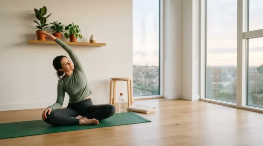A professional practicing mindful morning wellness routine in a calm, minimalist space