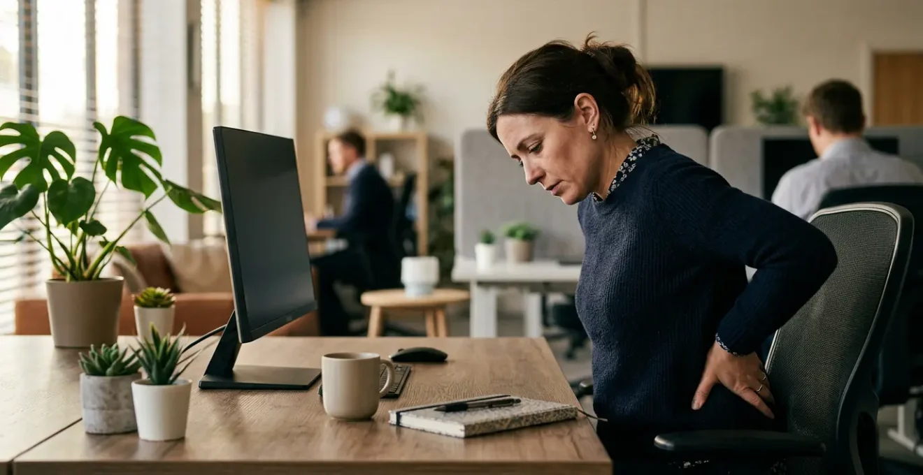 Professional office worker experiencing posture collapse at ergonomic workstation during afternoon work session