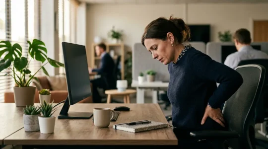 Professional office worker experiencing posture collapse at ergonomic workstation during afternoon work session