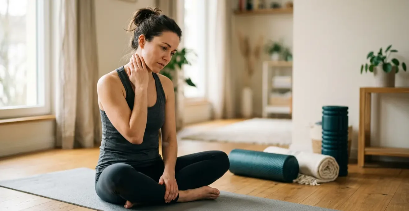Person experiencing chronic neck tension while using self-massage tools at home