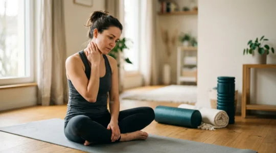 Person experiencing chronic neck tension while using self-massage tools at home