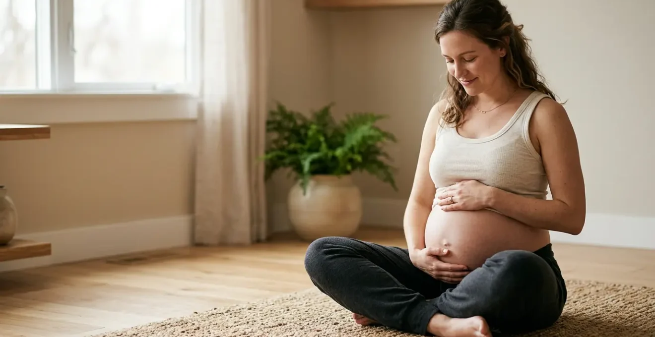Peaceful pregnant woman in gentle yoga pose showing mindful connection with her changing body