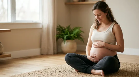 Peaceful pregnant woman in gentle yoga pose showing mindful connection with her changing body