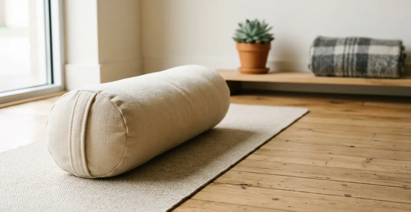 A serene restorative yoga practice setup featuring a cylindrical bolster positioned on a natural fiber mat in soft diffused light