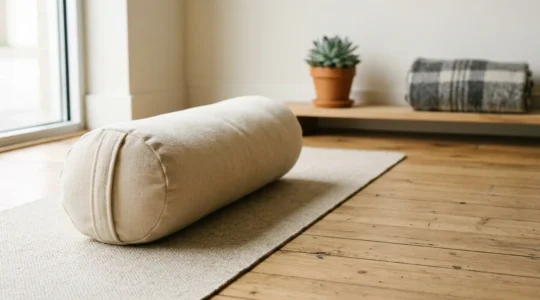 A serene restorative yoga practice setup featuring a cylindrical bolster positioned on a natural fiber mat in soft diffused light