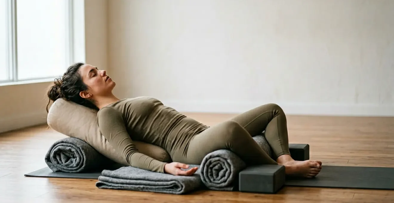 Person lying in supported restorative yoga pose with gentle natural lighting creating calm atmosphere