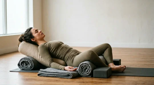 Person lying in supported restorative yoga pose with gentle natural lighting creating calm atmosphere