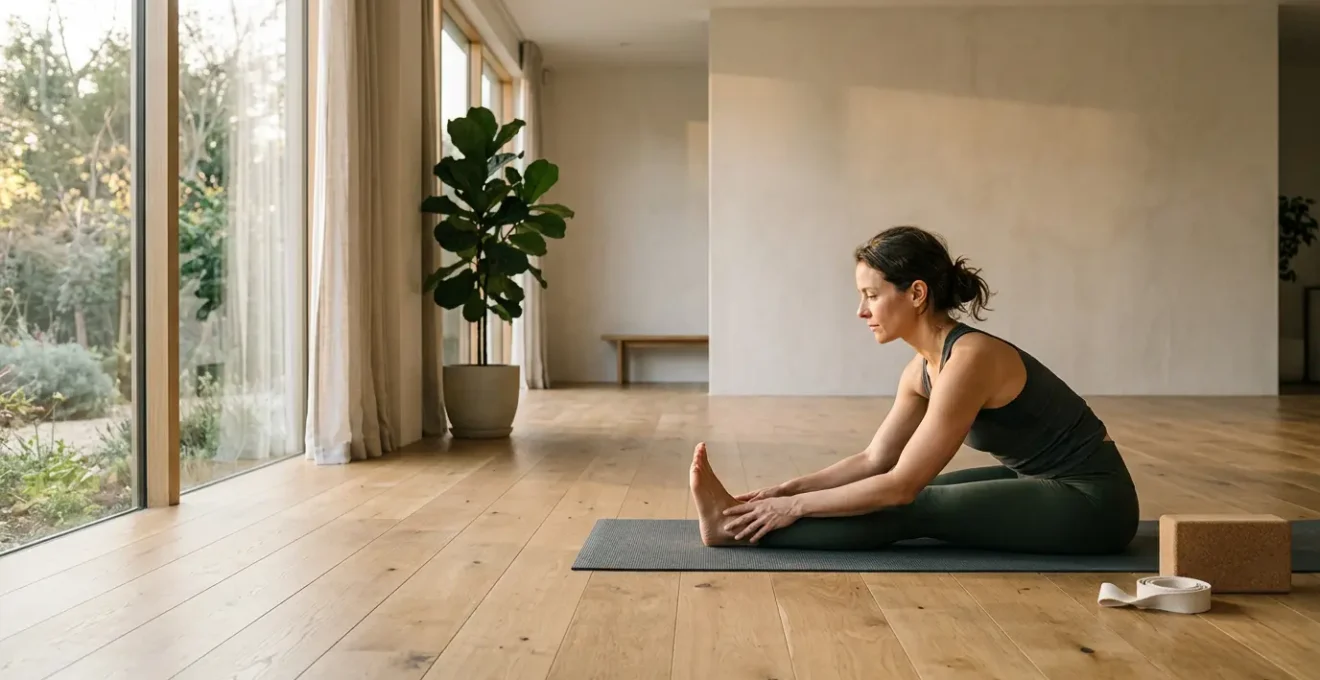 Peaceful yoga practitioner performing gentle hamstring rehabilitation exercise in natural light studio setting