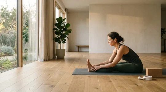 Peaceful yoga practitioner performing gentle hamstring rehabilitation exercise in natural light studio setting