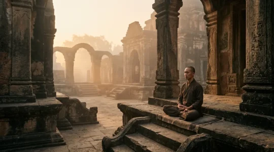 A serene representation of meditative absorption and consciousness transcendence in classical yoga philosophy