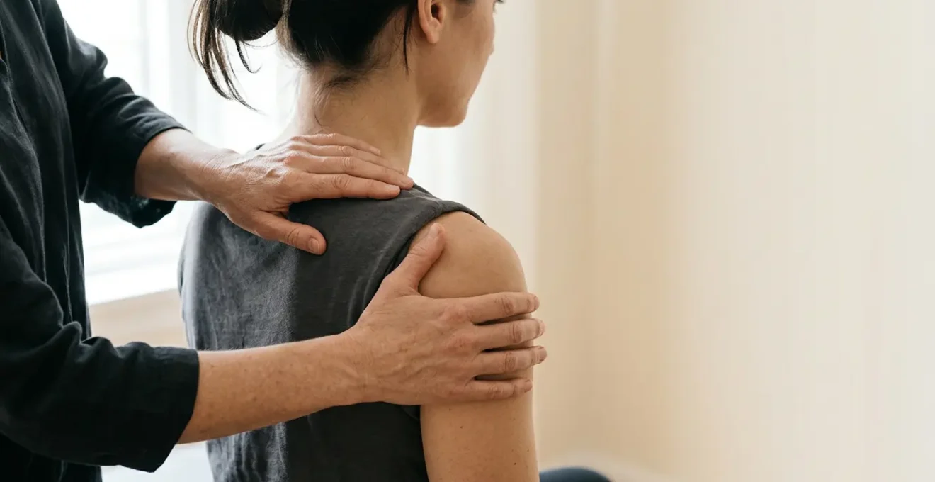 Close-up of human shoulder and neck region showing tension and muscle structure