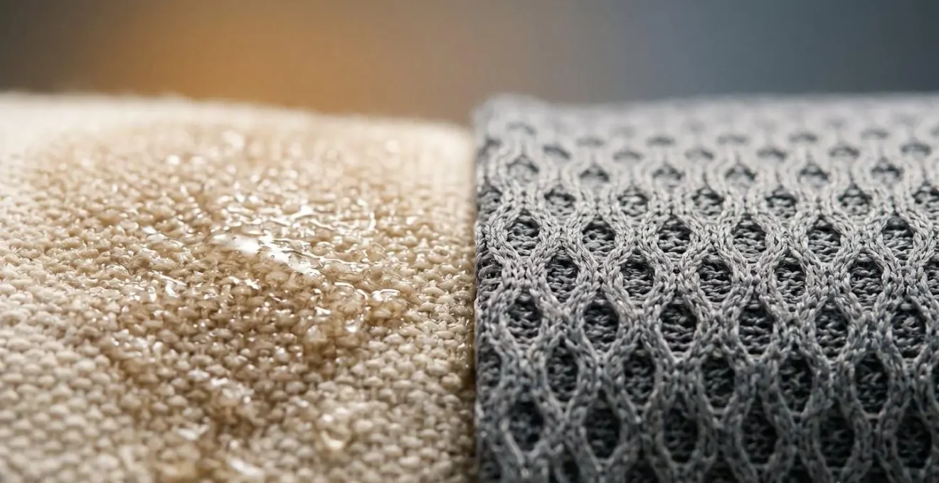 Close-up comparison showing moisture management in activewear fabrics during yoga practice