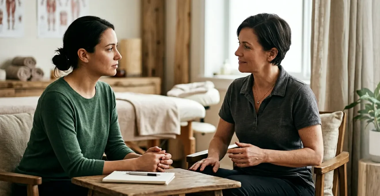 Person experiencing therapeutic massage consultation for chronic back pain relief decision-making