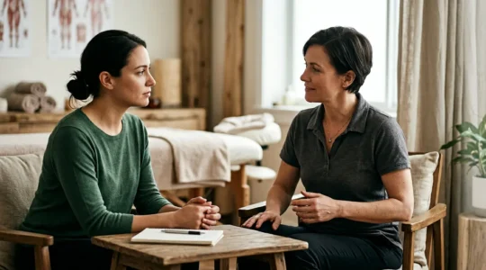 Person experiencing therapeutic massage consultation for chronic back pain relief decision-making