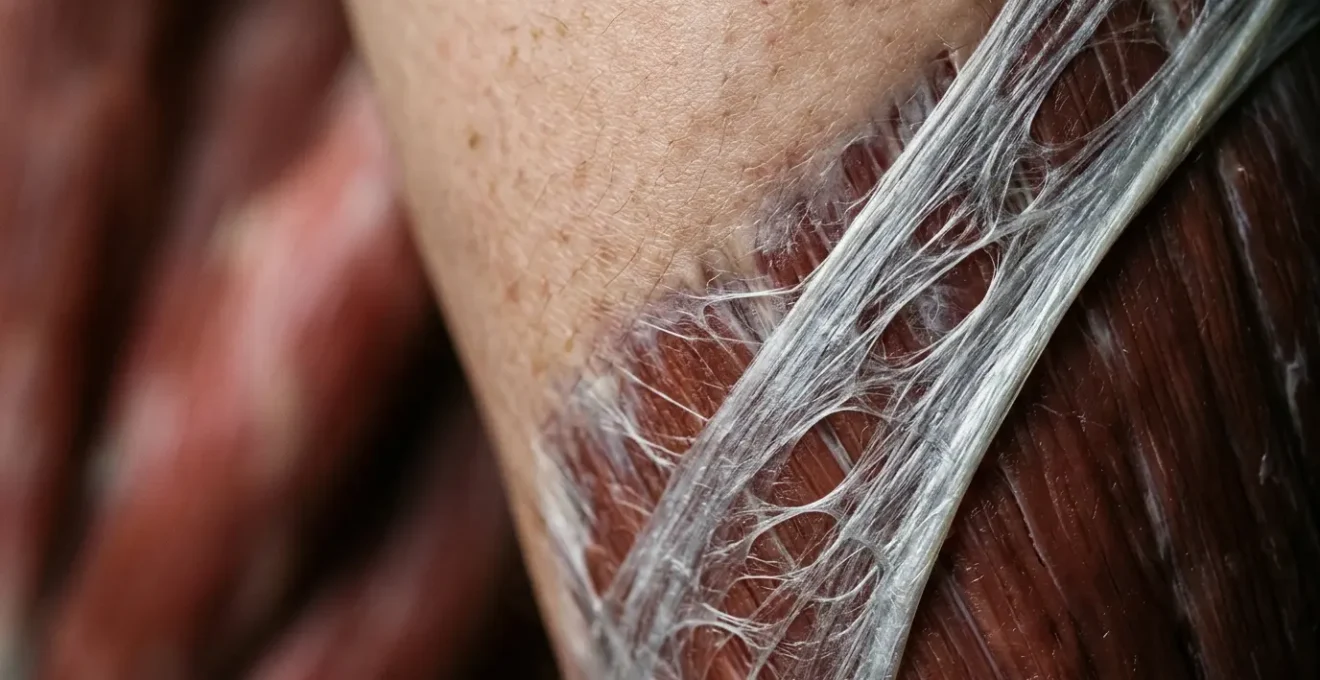 Close-up view of human thigh anatomy showing fascial layers and muscle tissue with natural lighting and minimal negative space