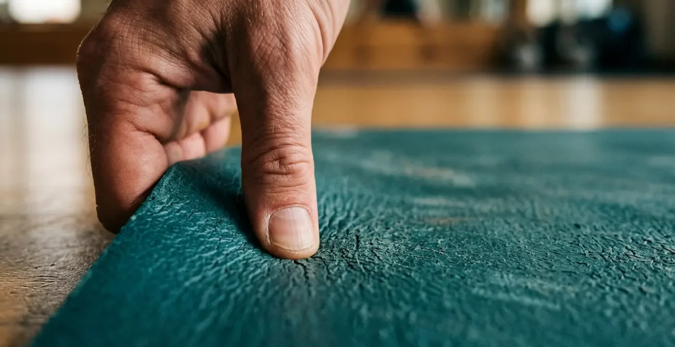 Close-up of hands pressing into worn yoga mat surface showing degradation and chemical off-gassing concept